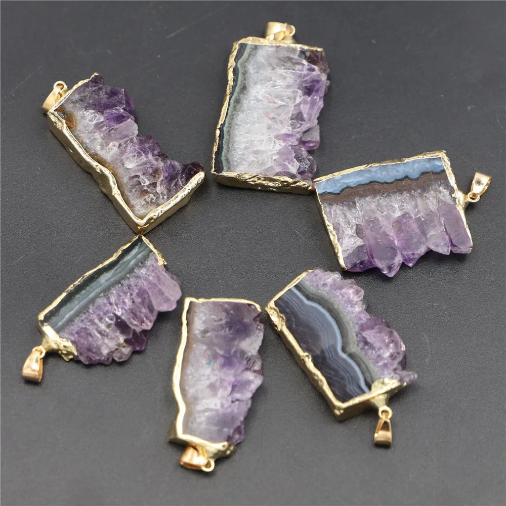 Hot Natural Stone Amethysts Slice Druzys Mexican Pendants Healing Crystal Quartz Necklace Male Raw Slab Geode Women Jewelry 6PCS