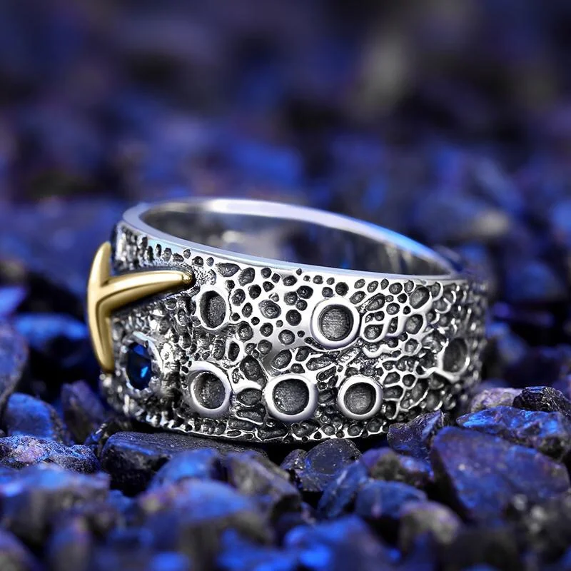 Vintage Meteorite Crater Meteor Ring For Men Jewelry Personality Gold Collision Blue Stone Starlit Sky Male Index Finger Ring