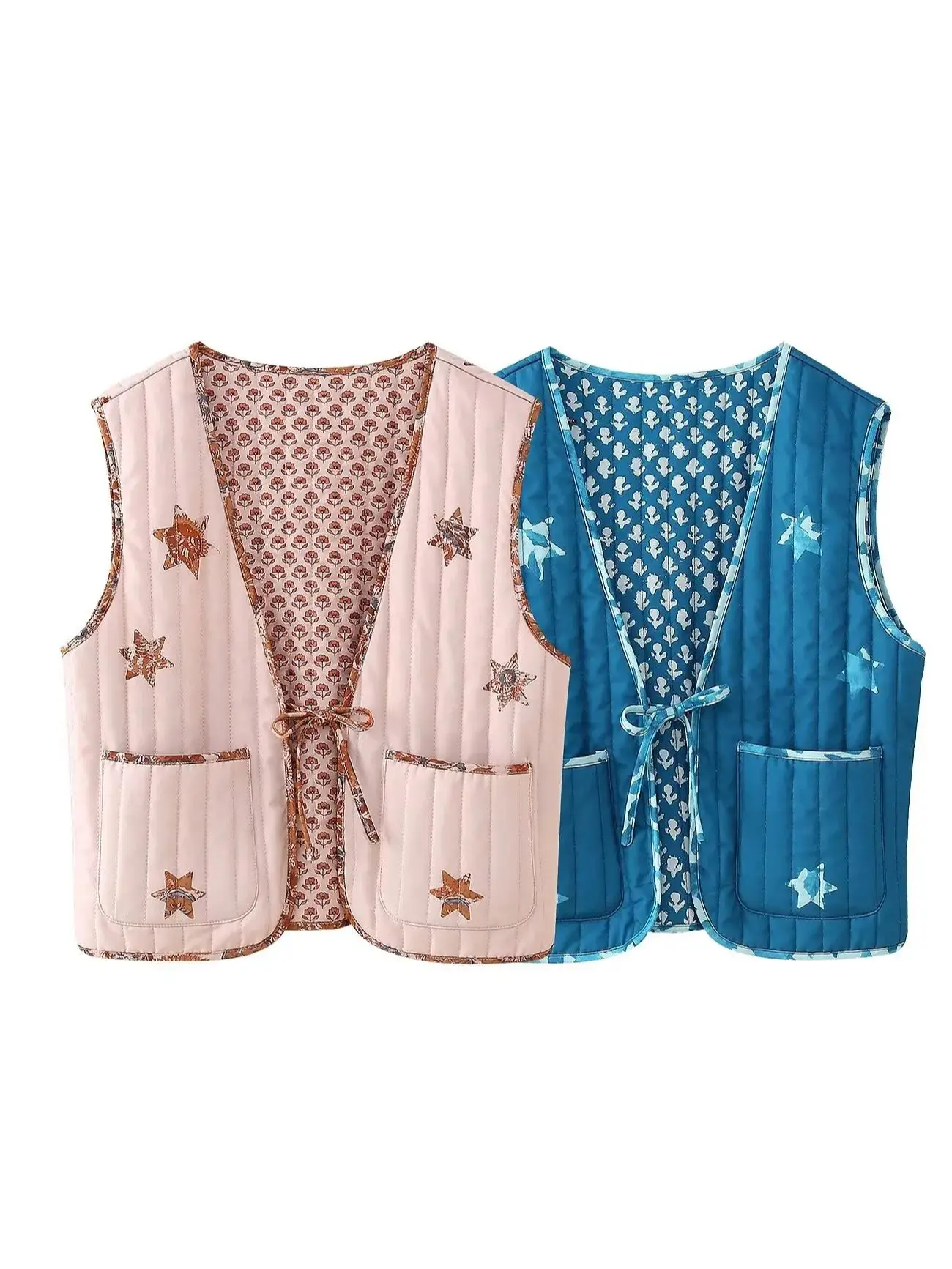 Zevity 2024 Women Fashion V Neck Print Quilted Short Vest Jacket Lady Two Sides Wear Bow Tied Lace Up Crop WaistCoat Tops CT6293