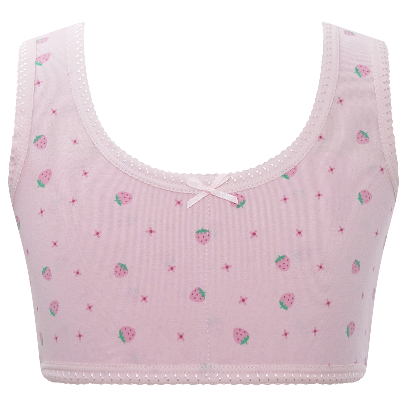 

Kids Girls Cute Bow Strawberry Print Bra Vest Breathable Cotton Bralettes Wide Straps Crop Tank Top Student Girl Underwear