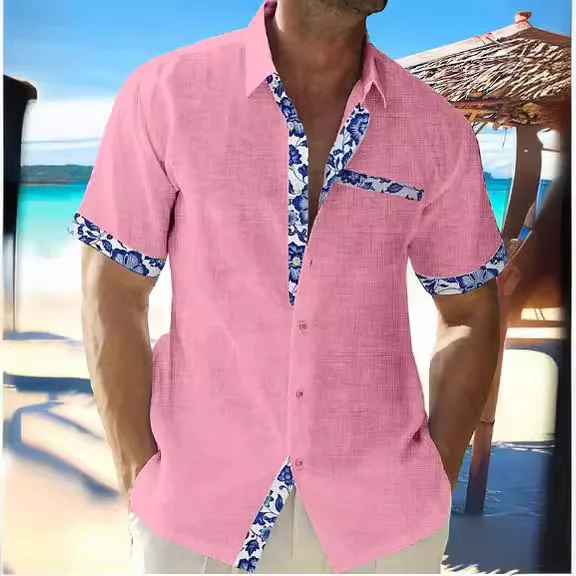 2024 Men\'s New Hawaiian Beach Holiday Shirt Short Sleeve Cardigan Shirt Men\'s Cuff Front Color Lapel Shirt