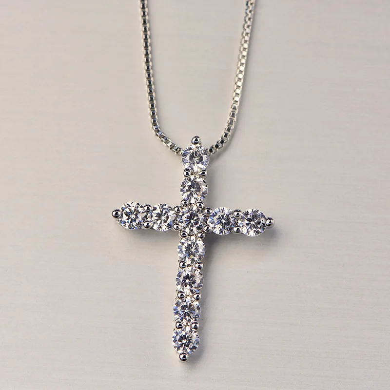 Silver Color Necklace Box chain Shiny crystal classic cross Pendant For Women men Fashion Jewelry Gifts image 5