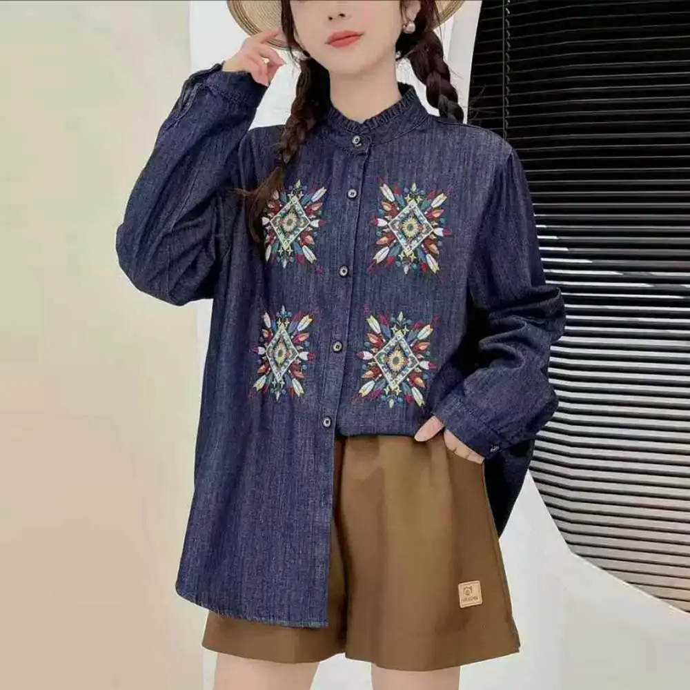 

Японские винтажные джинсовые рубашки с вышивкой Mori Girl, женские весенне-осенние повседневные свободные джинсовые рубашки с воротником-стойкой и длинными рукавами