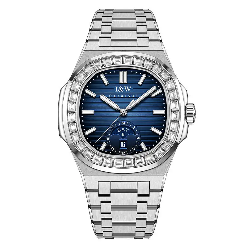 I&W CARNIVAL Automatic Mechanical Men's Watch Luxury Switzerland Brand Japan Imported Sapphire Rhinestone Dual Calendar 735G