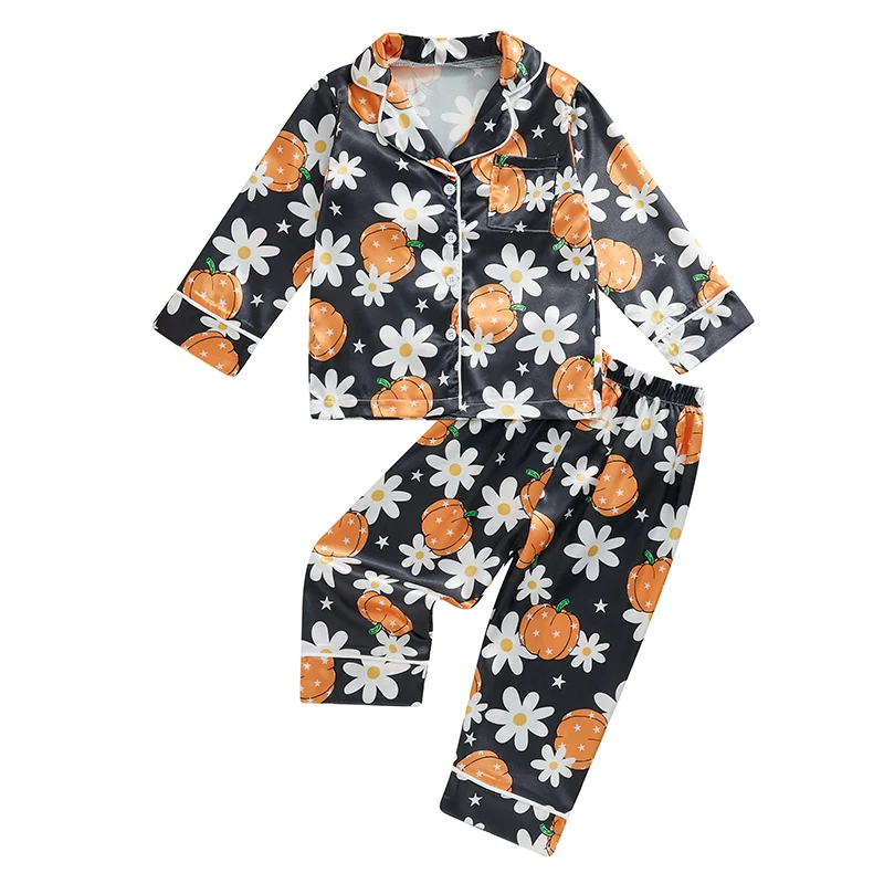 Girls Halloween Pajama Sets Long Sleeve Lapel Floral Pumpkin Ghost Print Shirt Pants Sleepwear