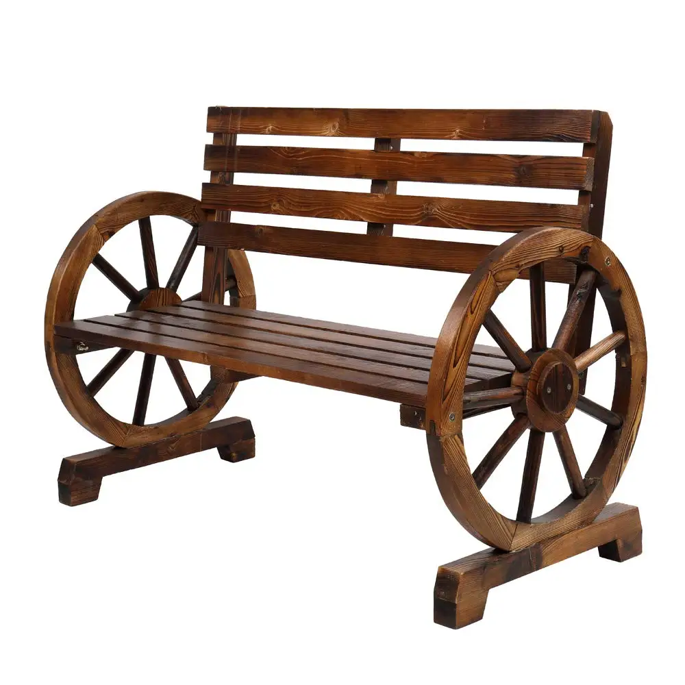 Wooden Garden Bench Seats 2 Person Carbonized for Garden | Outdoor Rustic Wagon Wheel Bench with Armrest & Fir