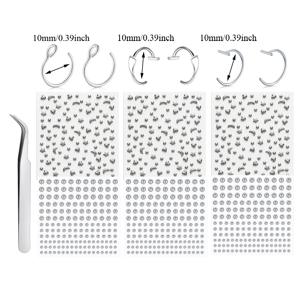 Fake Piercings Balls Stick on Nose Stud Fake Eyebrow Lip Hoop Medusa Labret Stud Adhesive Star Face Hair Cuffs Non Piercing