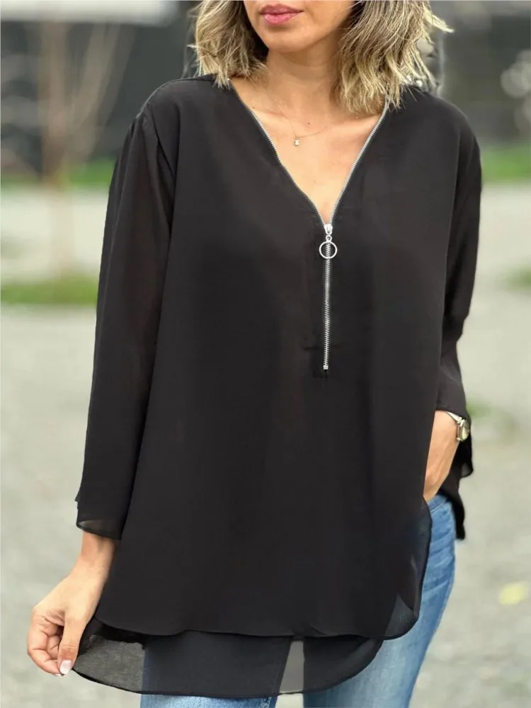 Autumn Casual Oversize Chiffon Women Tops Fashion Solid Color V-neck Zippers Three-quarter Sleeves Top Elegant Ladies Clothes