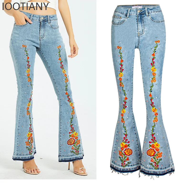 

Flare Pants Women Jeans Boot Cut Embroidery Distressed Stretch Mid Waist Trousers Washed Vintage Pockets Streetwear Denims 2026