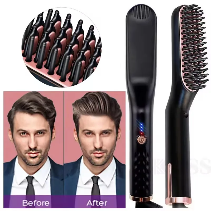 Electric Ceramic Anti-Scald Heated Brush Kit Hair Straightener Straightening Men Quick Styler Oem Beard Styling Smoothing Comb