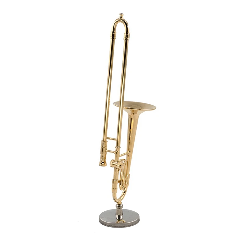 4 Pcs 12Cm Miniature Pure Copper Trombone Model With Support Mini Musical Instrument Model With Black Leather Box