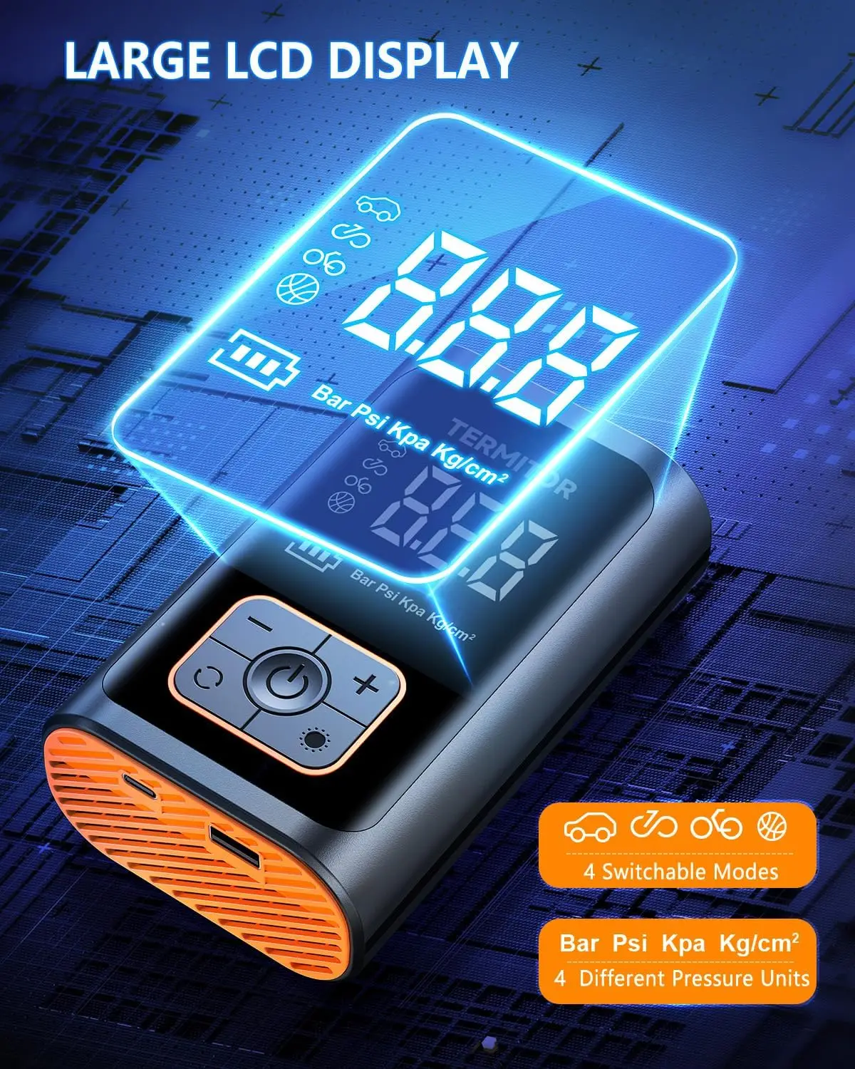 نافخة ضاغط هواء محمول 150 رطل لكل بوصة مربعة مضخة هواء لاسلكية مع مقياس ضغط رقمي، ضوء LED للطوارئ #4