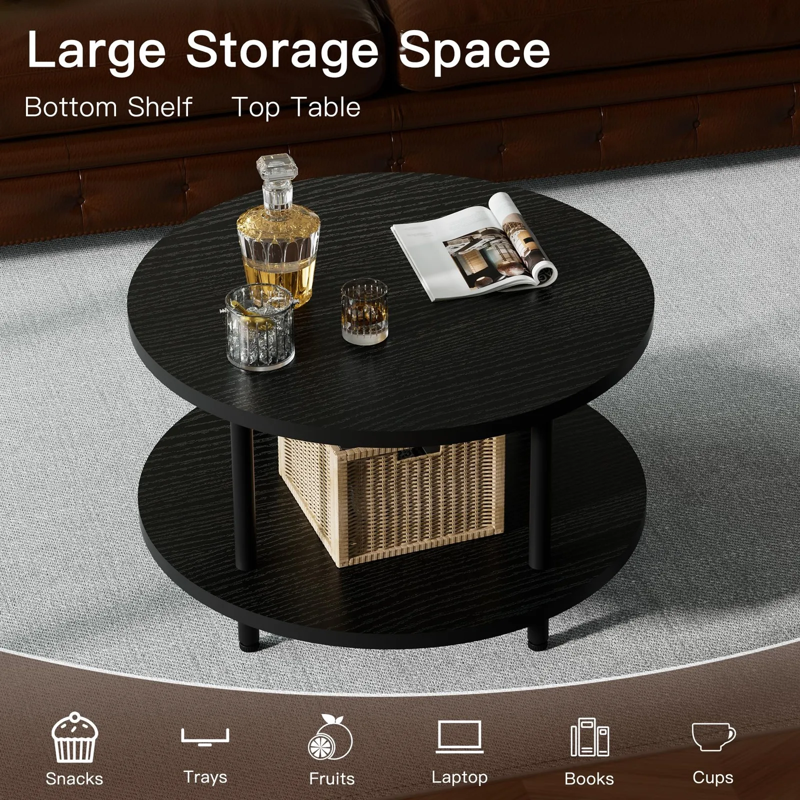 طاولات المقهى طاولة القهوة المستديرة 23.6 بوصة طبقتين طاولة غرفة المعيشة الخشبية تصميم حديث لديكور المنزل #6