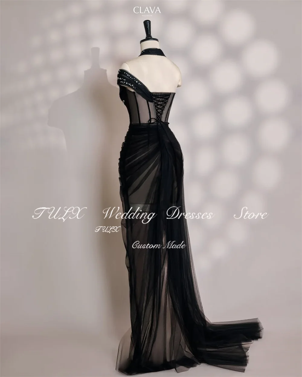 فستان سهرة عربي فاخر من التول الأسود من TULX فساتين حفلات مطرزة سباركلي مثيرة حورية البحر فستان رسمي طويل مخصص للمناسبات