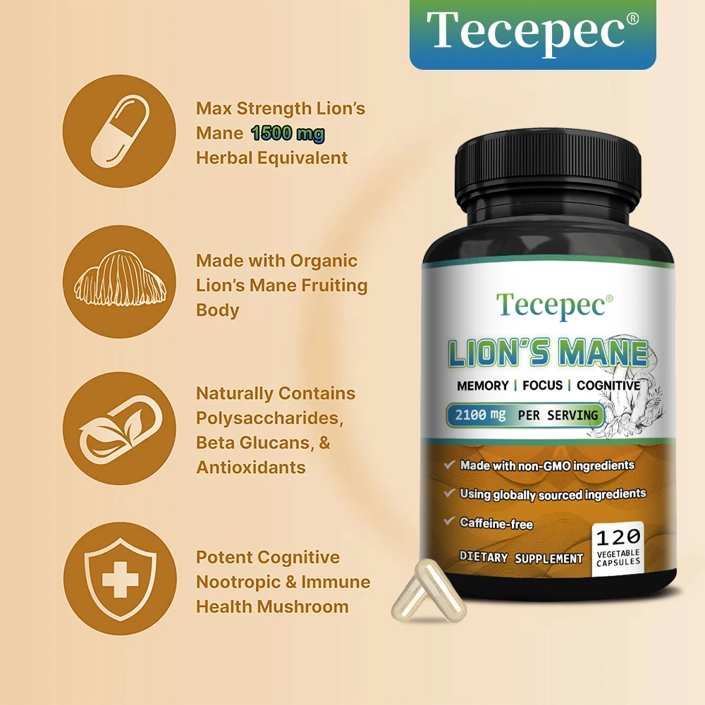 

Lion's Mane & Cordyceps Capsules - Brain Boost for Memory & Focus, Immune & Nervous System Support, Stress Relief, Non-GMO