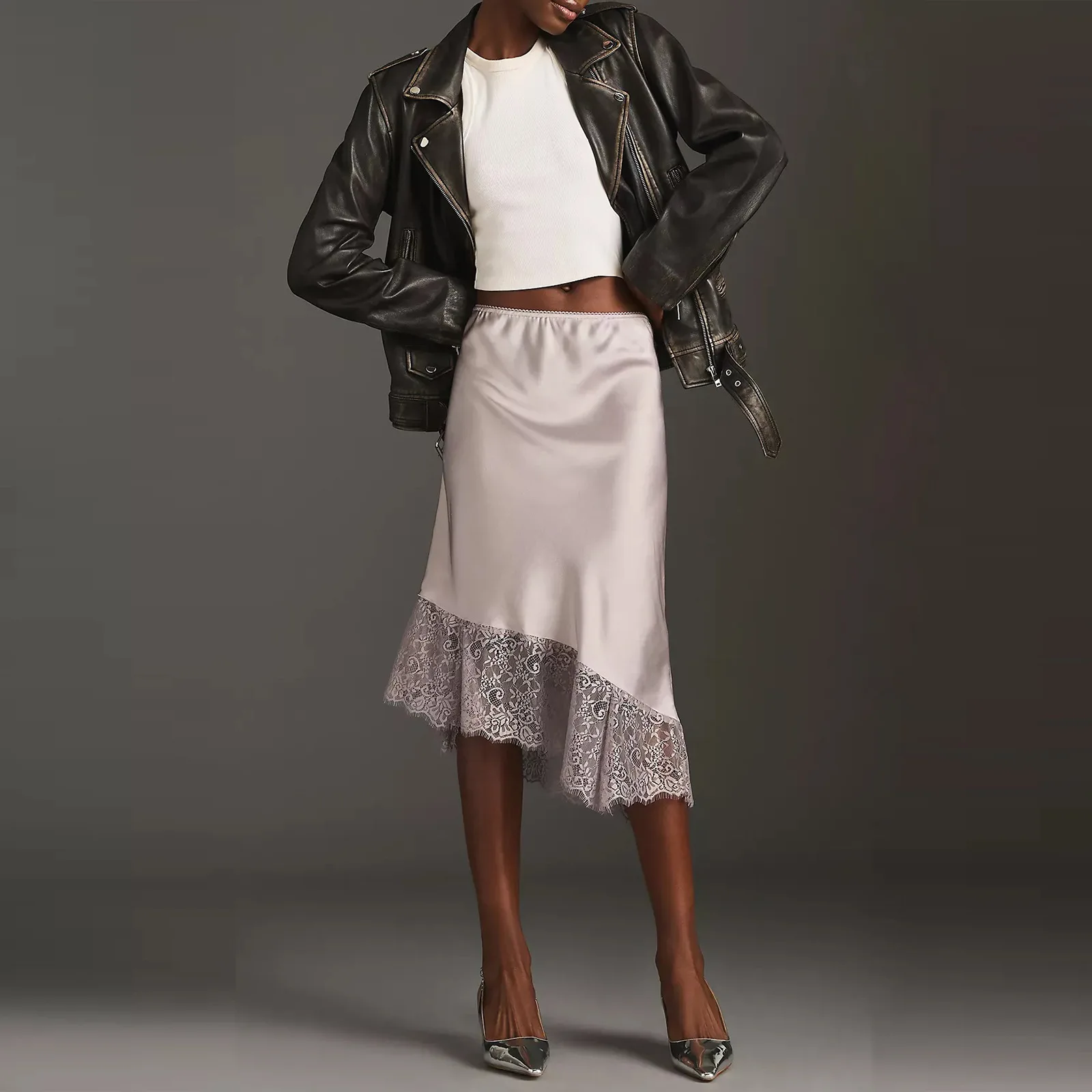 

Женская элегантная изысканная юбка, модная однотонная повседневная юбка с кружевным краем, женская уличная уютная юбка с изысканным темпераментом