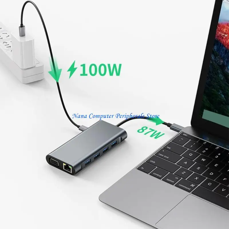F68C 11 in 1 USB C Hubs Supporting HDTV VGA Output Gigabit Ethernet Card Reader 3x USB3.0 Fast Data Transfer PD100W Fast