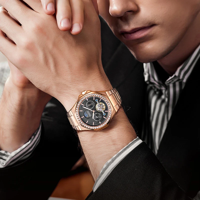 Mark Fairwhale Orologio da uomo di lusso in acciaio inossidabile in oro rosa meccanico impermeabile con fasi lunari luminose Tourbillon automatico