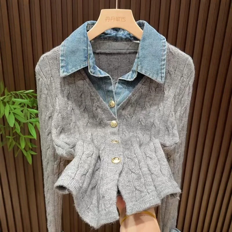 

Джинсовый искусственный двухсекционный высококачественный кардиган для женщин, осень-зима, новый стиль, модный короткий свитер