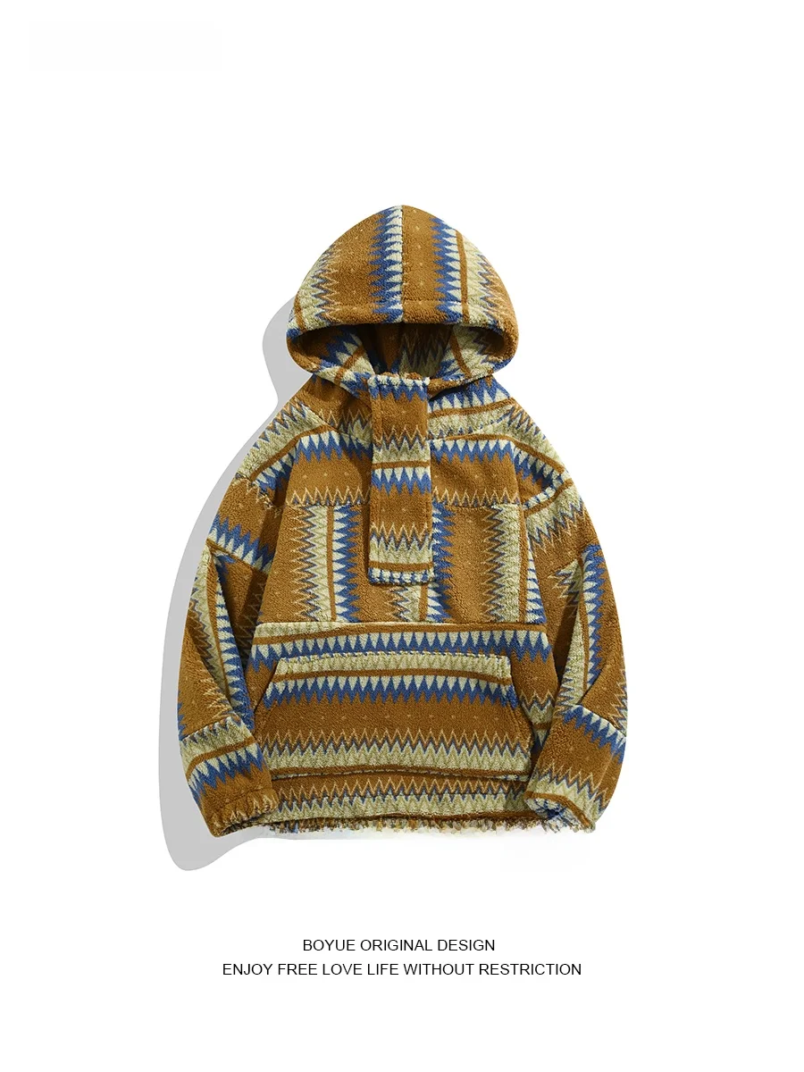 

Boyue Ethnic Sle Color Blo Lamb Velvet Hoodie Warm Faionable Design ex Long Sve Crew Ne Sweatirt for Youth