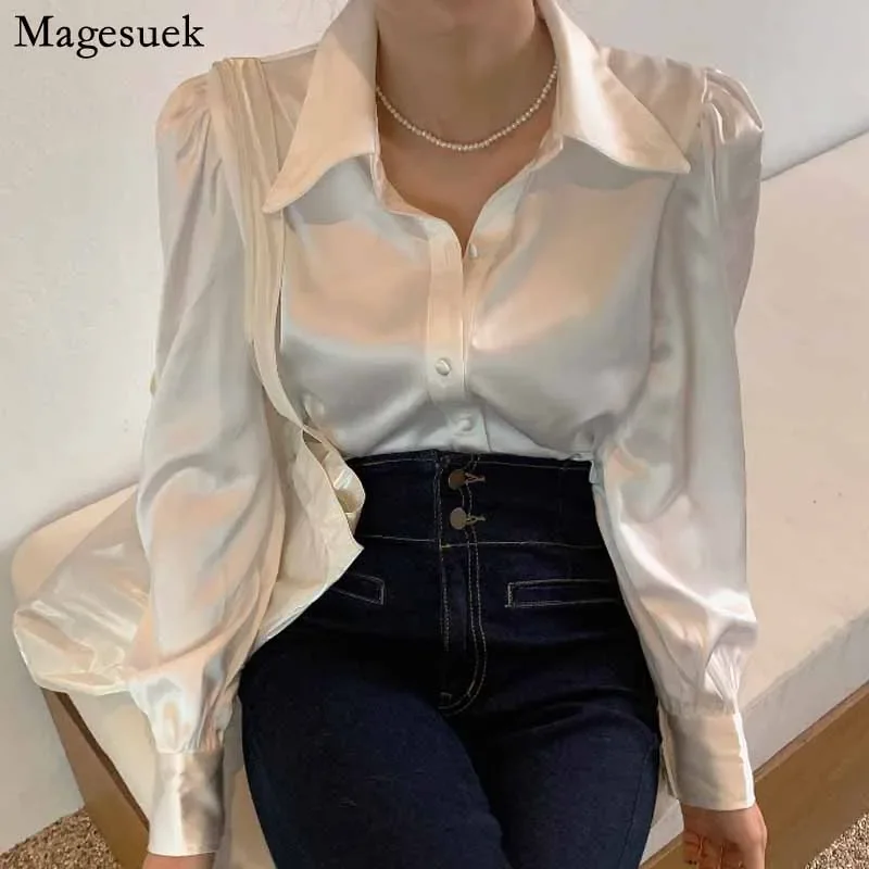 Korean Puff Sleeve Loose Satin Button Lapel Shirt  Elegant Women Shirt Tops White New Chic Women Blouse Blusas Mujer 12635