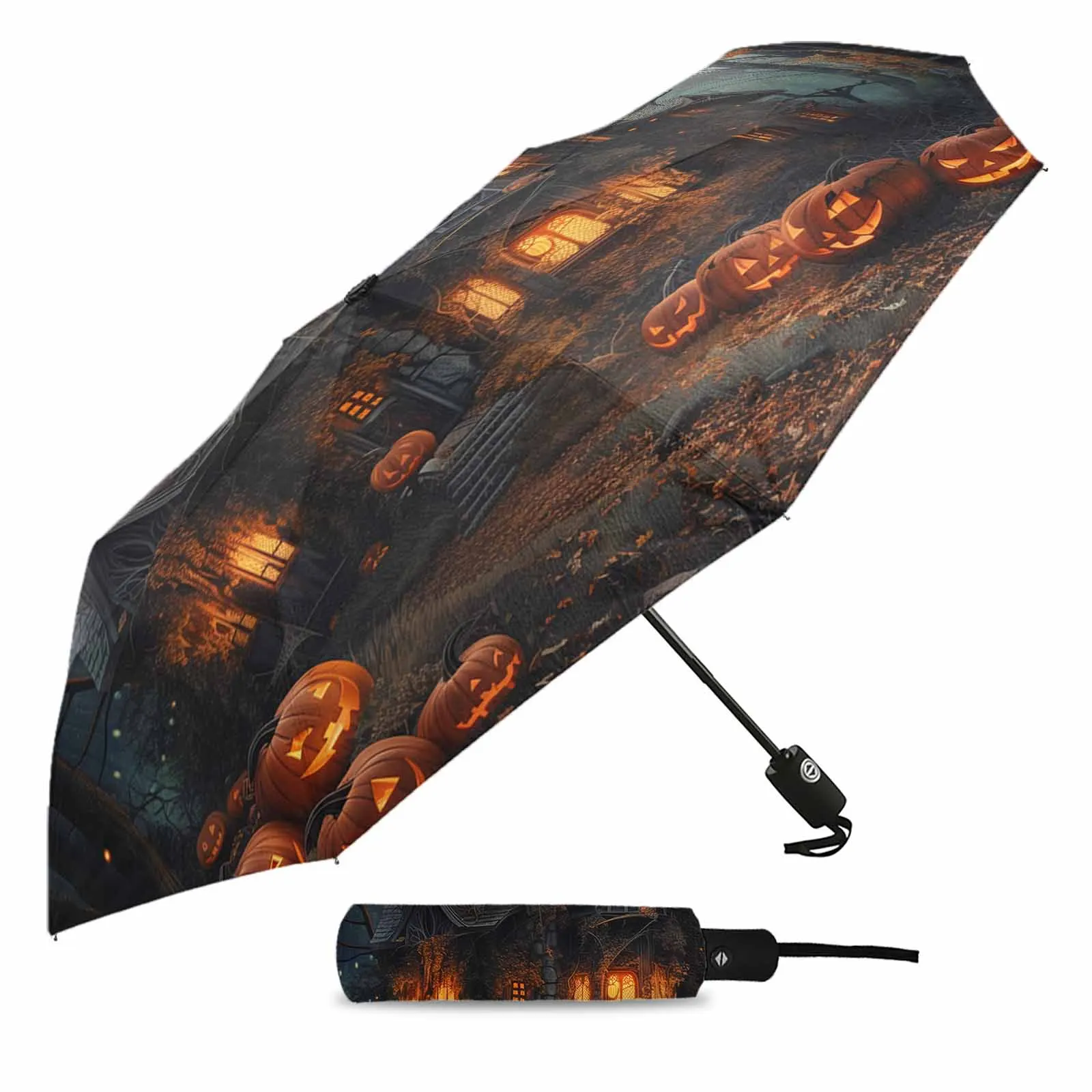 Halloween Castle Pumpkin Vintage Bat Grove Outdoor Fully-automatic Folding Eight Strands Umbrellas for Kids Printed Umbrella