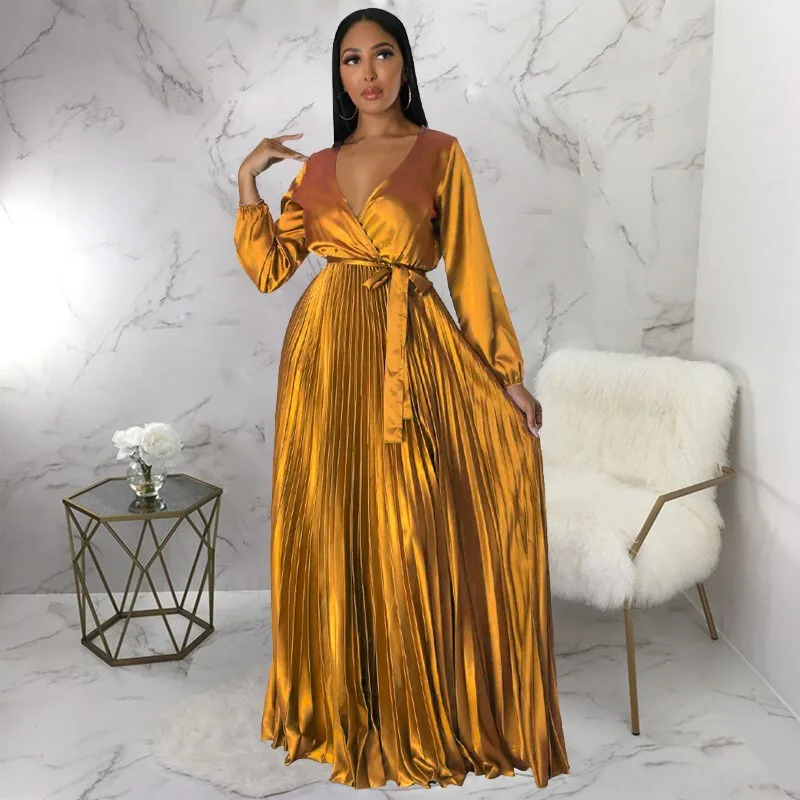 도이어르 긴소매 브이넥 새틴 드레스 여성 우아한 하이웨이스트 플리츠 A라인 클럽 파티 롱 드레스 (허리띠 포함) 여성용 로브