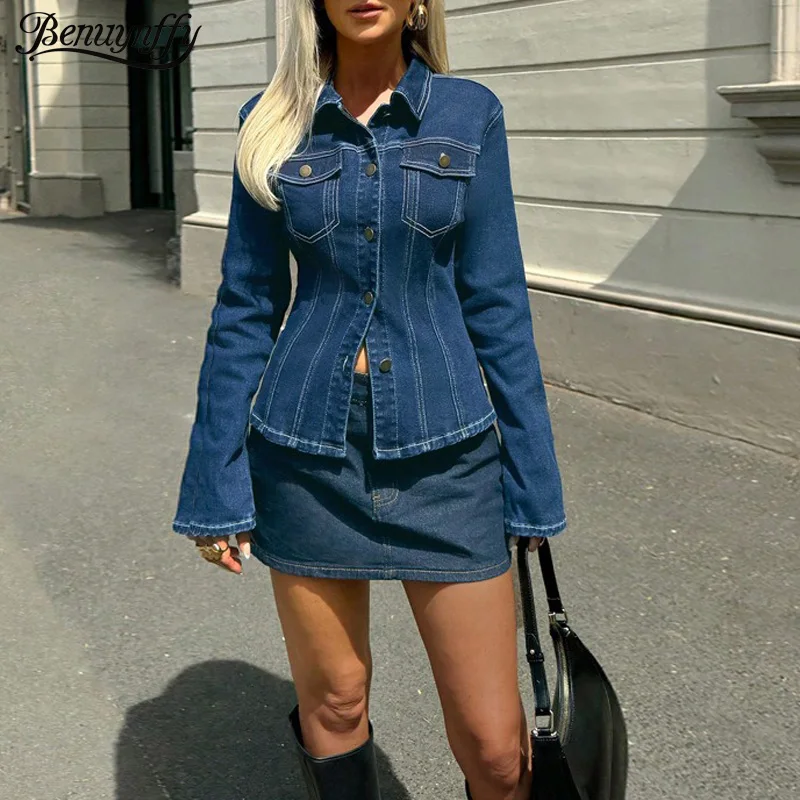 

Benuynffy, новая винтажная потертая джинсовая куртка, женское весенне-осеннее джинсовое пальто на пуговицах, женская облегающая верхняя одежда с длинными рукавами, топ