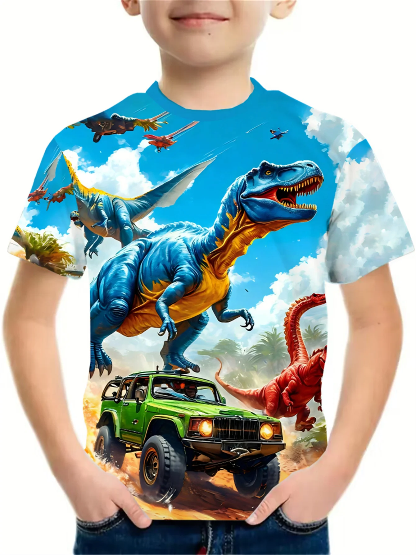 Boys Cool Dinosaur Off‑Road Vehicle Printed T‑Shirt, Children Jurassic Adventure Dino Pattern Short‑Sleeve Casual Daily Tee