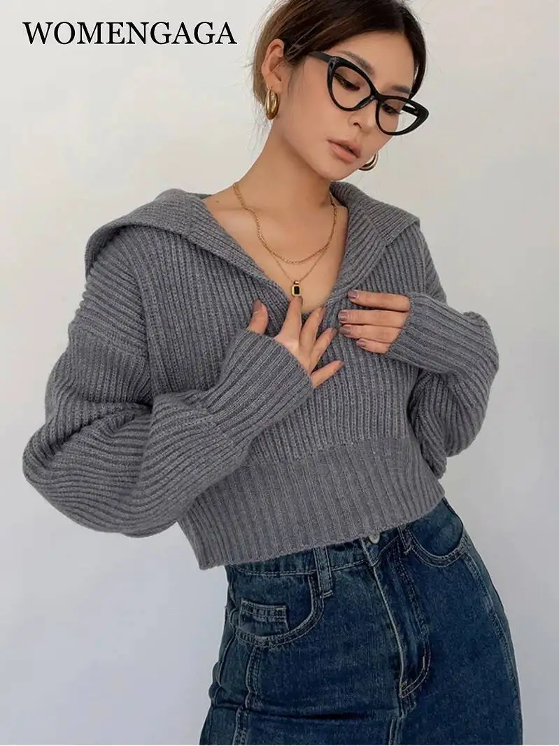 

WOMENGAGA Street Fashion Tops Style Solid Color Large Polo Neck Short Long Sleeve Pullover Knit High Waist Sweater Fashion FJ8G