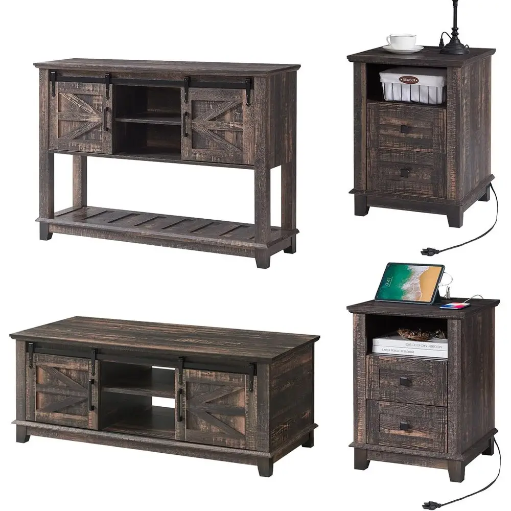 

Rustic Oak Living Room Furniture Set: Console, 2 End Tables, Barn Door Coffee Table