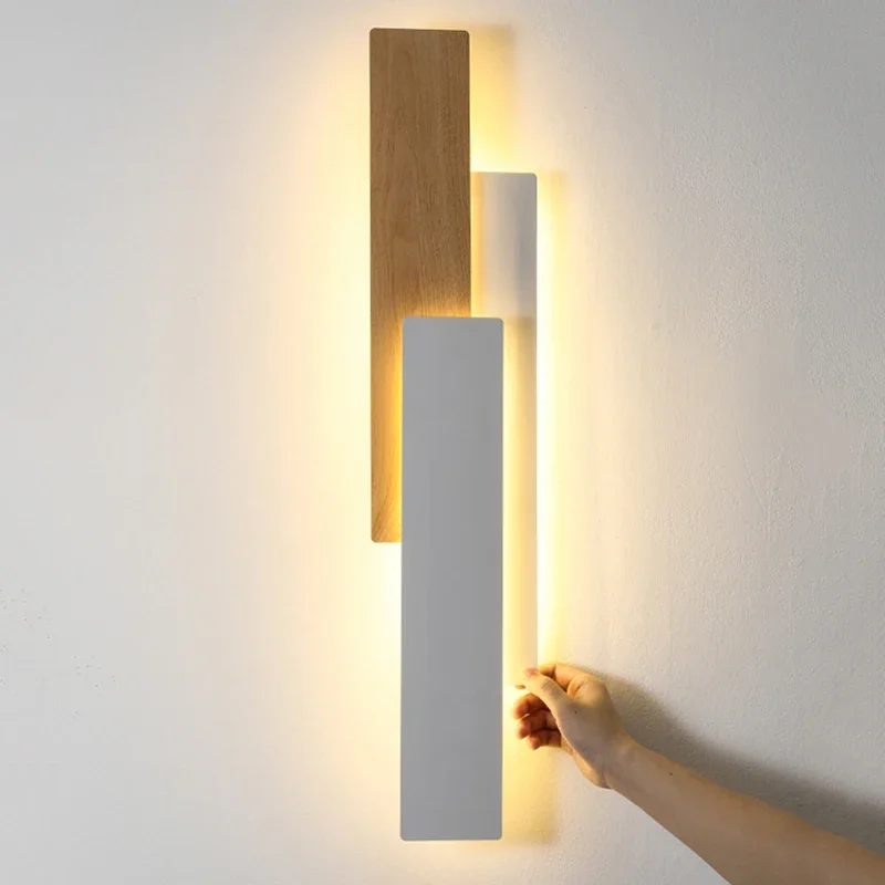 

Modern Bedroom Living Room Wall Lamp Nature wood Walnut Color Rectangle Wall Light For Indoor Decorative Lighting Remote Control