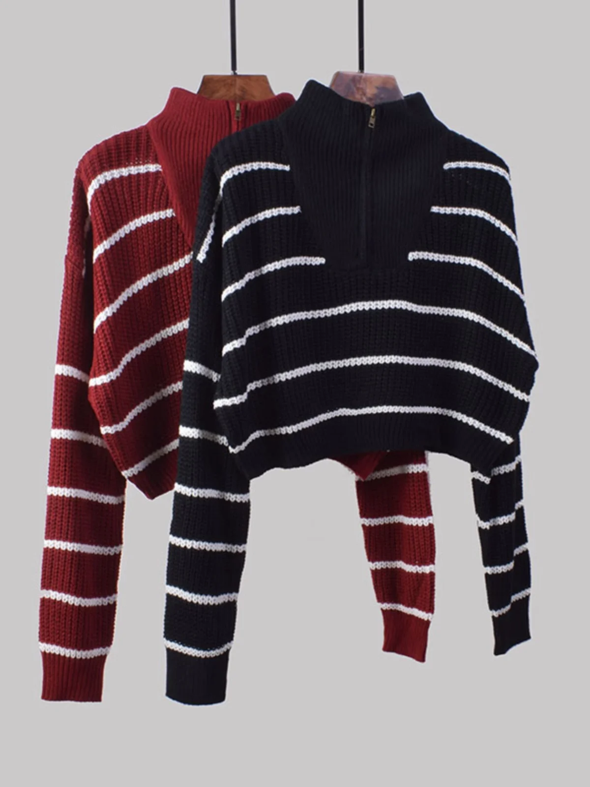 

Повседневный вязаный свитер в полоску с воротником-стойкой на молнии, женский свободный крой, длинный удобный топ свека