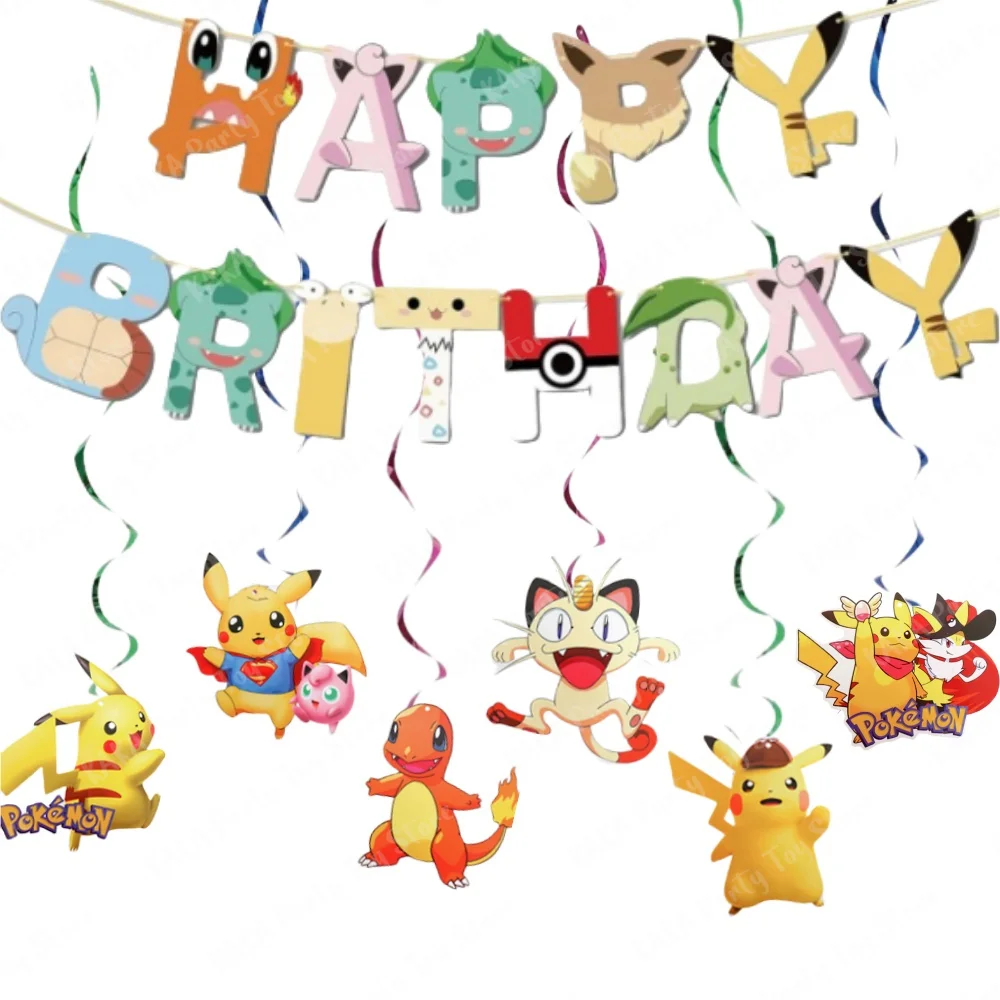 Pokemon Birthday Decoration Set Cartoon Anime Pikachu Paper Banner and 6 Hanging Swirls for Kids Boys Baby Shower Party Supplies