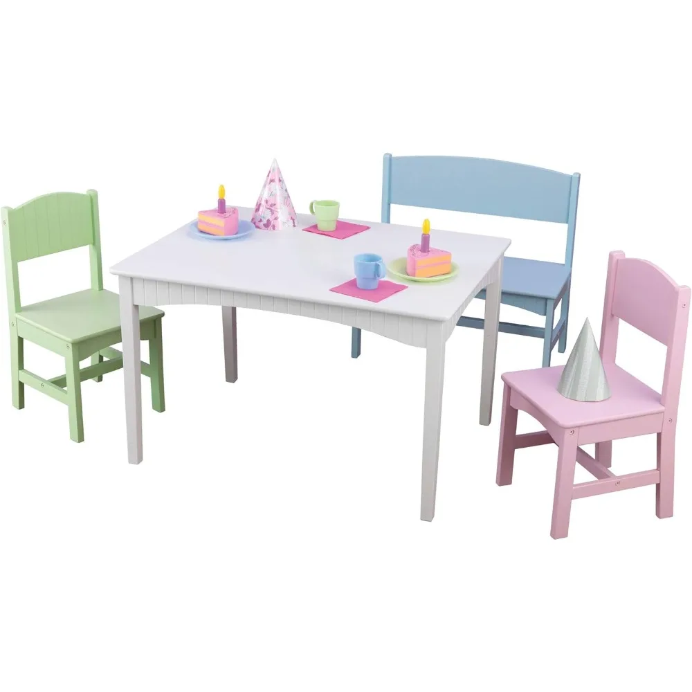 KidKraft Nantucket Wooden Table with Bench and 2 Chairs, Multicolored, Children's Furniture - Pastel, Gift for Ages 3-8