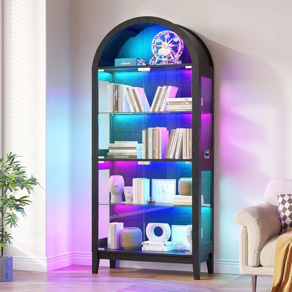 

Contemporary 5-Tier Glass Door LED-Illuminated Bookcase with 9 Cube Storage, 69 for Living Room or Bedroom (Black)