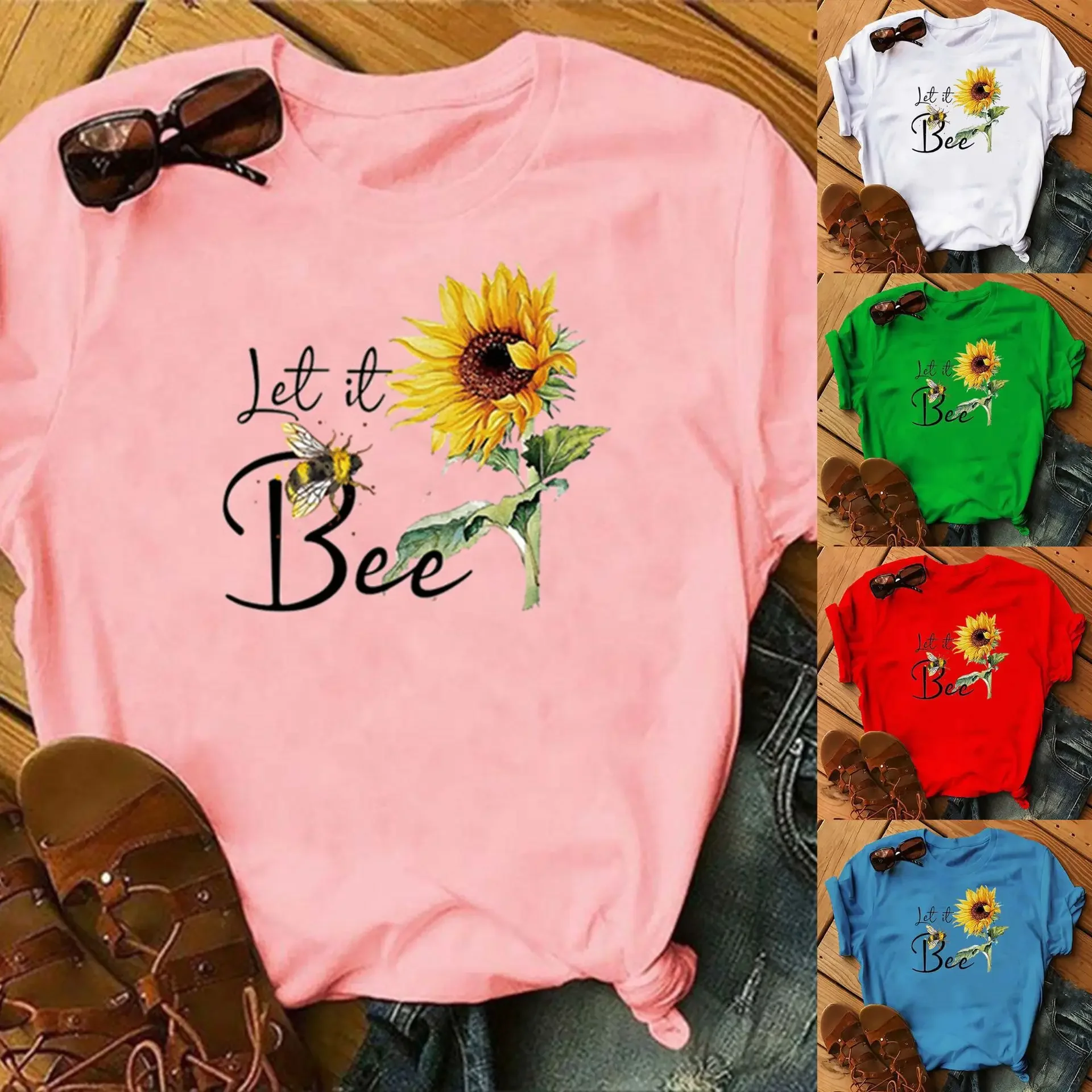 

Bee Sunflower Letter Print Women T Shirt Short Sleeve O Neck Loose Women Tshirt Ladies Tee Shirt Tops Clothes Camisetas Mujer