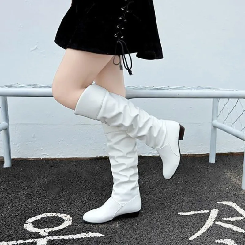 Women\'s Boots Winter Knee High Shaft Black Footwear Round Toe Leather Long Shoes For Woman White Stylish And Low Price Hot