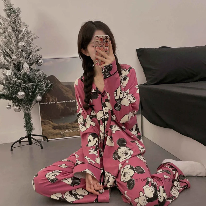 Disney Mickey Spring Autumn Cute Cartoon Pajamas Women\'s Long Sleeve Casual Home Clothes Set Simple Style Niche Fashion Pajamas