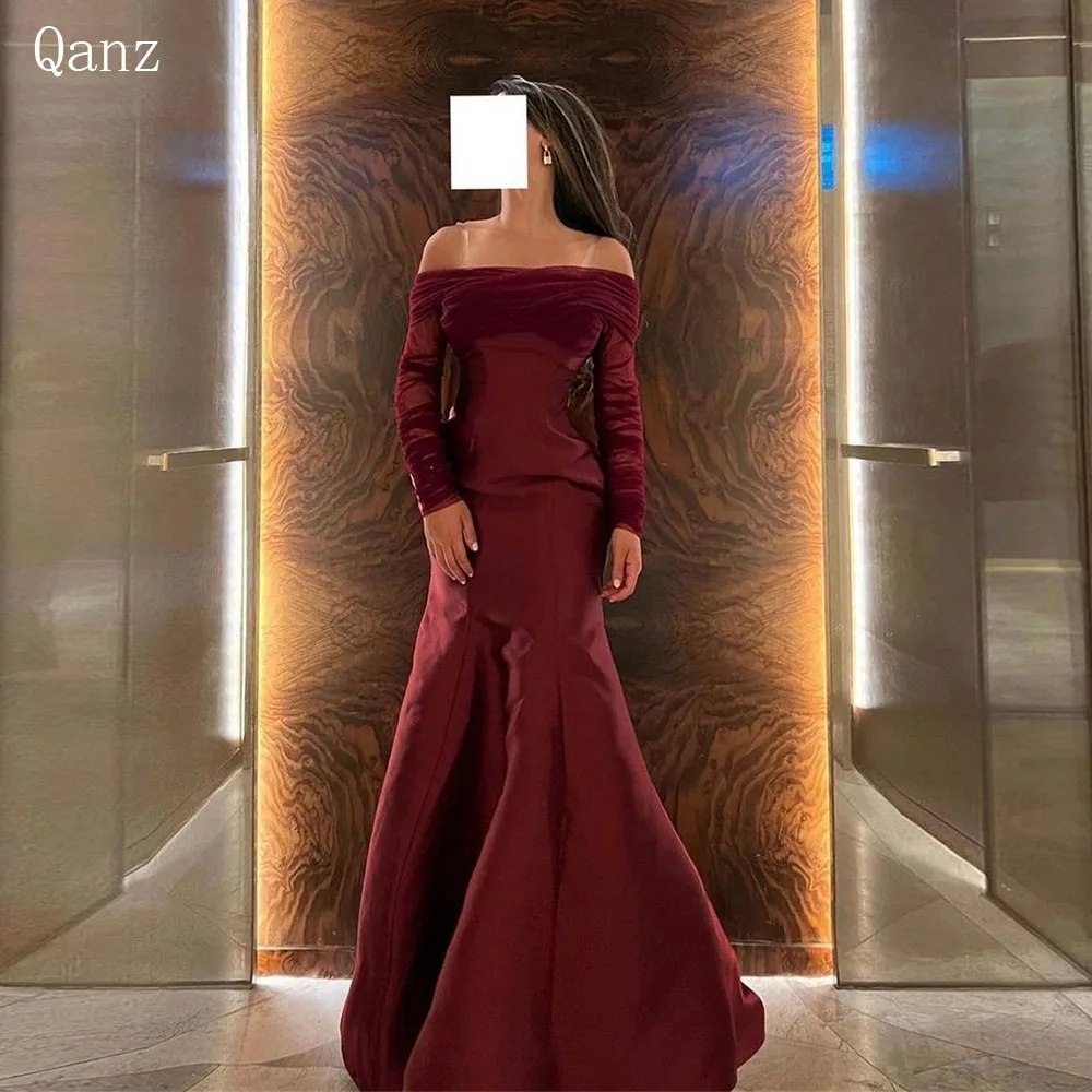 

Qanz Arab Burgundy Vintage Prom Dresses Long Sleeves Satin Formal Occasion Dresses Off The Shoulder Mermaid Vestidos De Gala