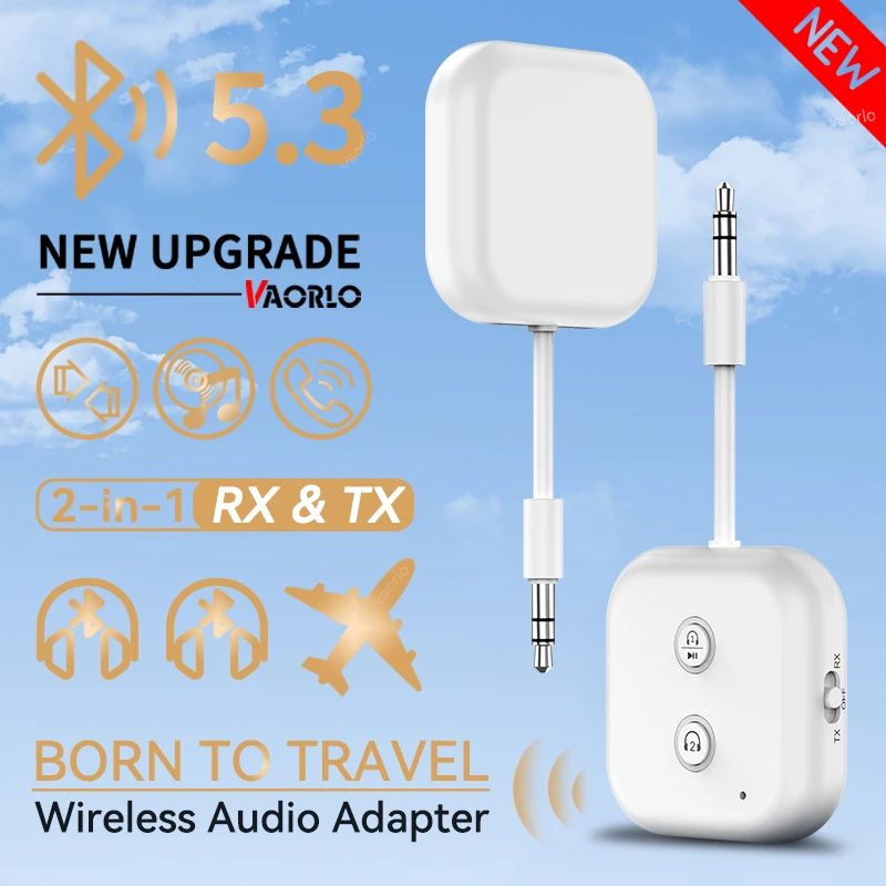 Odbiornik audio Bluetooth 5.3 2 w 1 Nadajnik Podwójny adapter bezprzewodowy z mikrofonem 3,5 mm AUX Hi-Fi Muzyka stereo do samochodu Samolot Telewizor PC Słuchawki z głośnikiem