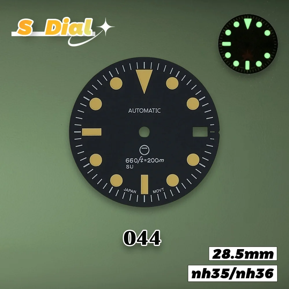 جديد 28.5 مللي متر S شعار NH35 الهاتفي الرجعية الفرعية الأسود الهاتفي صالح NH35/NH36/4R/7S الحركة اليابانية C3 الأخضر مضيئة ساعة اكسسوارات