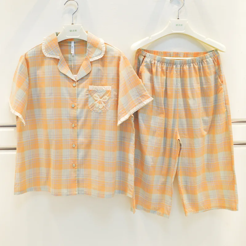 anziban-summer-ladies-60-thread-pure-cotton-woven-plaid-short-sleeve-seven-piece-pants-sleepwear-casual-loose-fit-home-clothes