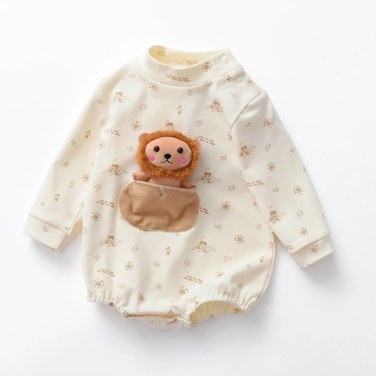 2024 Spring Autumn Newborn Boys Romper Cartoon Lion Long Sleeve Printed Baby Girls Bodysuit Turtleneck Loose Infant Boy Jumpsuit