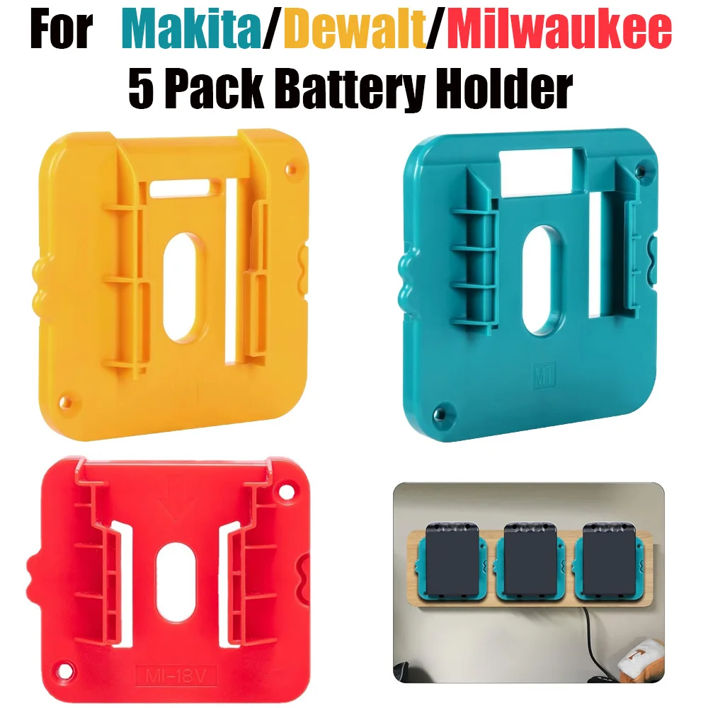 5PCS Battery Holder Storage Rack for  Makita/Dewalt/Milwaukee14.4V 18V Li-ion Battery,Wall Mount Battery Dock for Makita