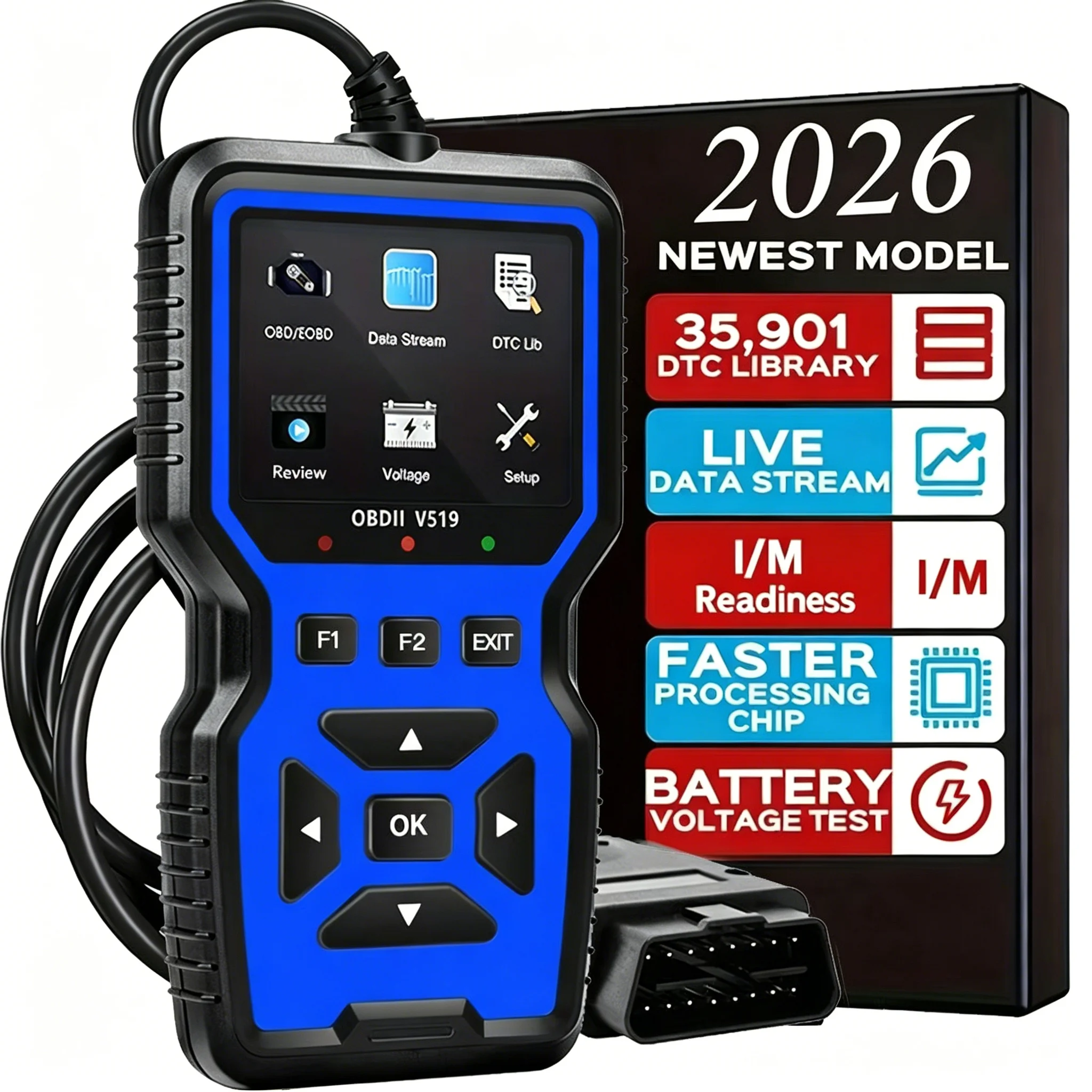 

V519 Professional Obd2 Scanner - Usb-Powered Automotive Diagnostic Tool with Real-Time Data Stream, Full-Featured Obd Ii Testing (I/M Ready, Bod2/Eobd), Clears Engine Fault Lights, Reads/Erases Codes for Most Vehicles, Automotive Maintenance, Ergonomic De