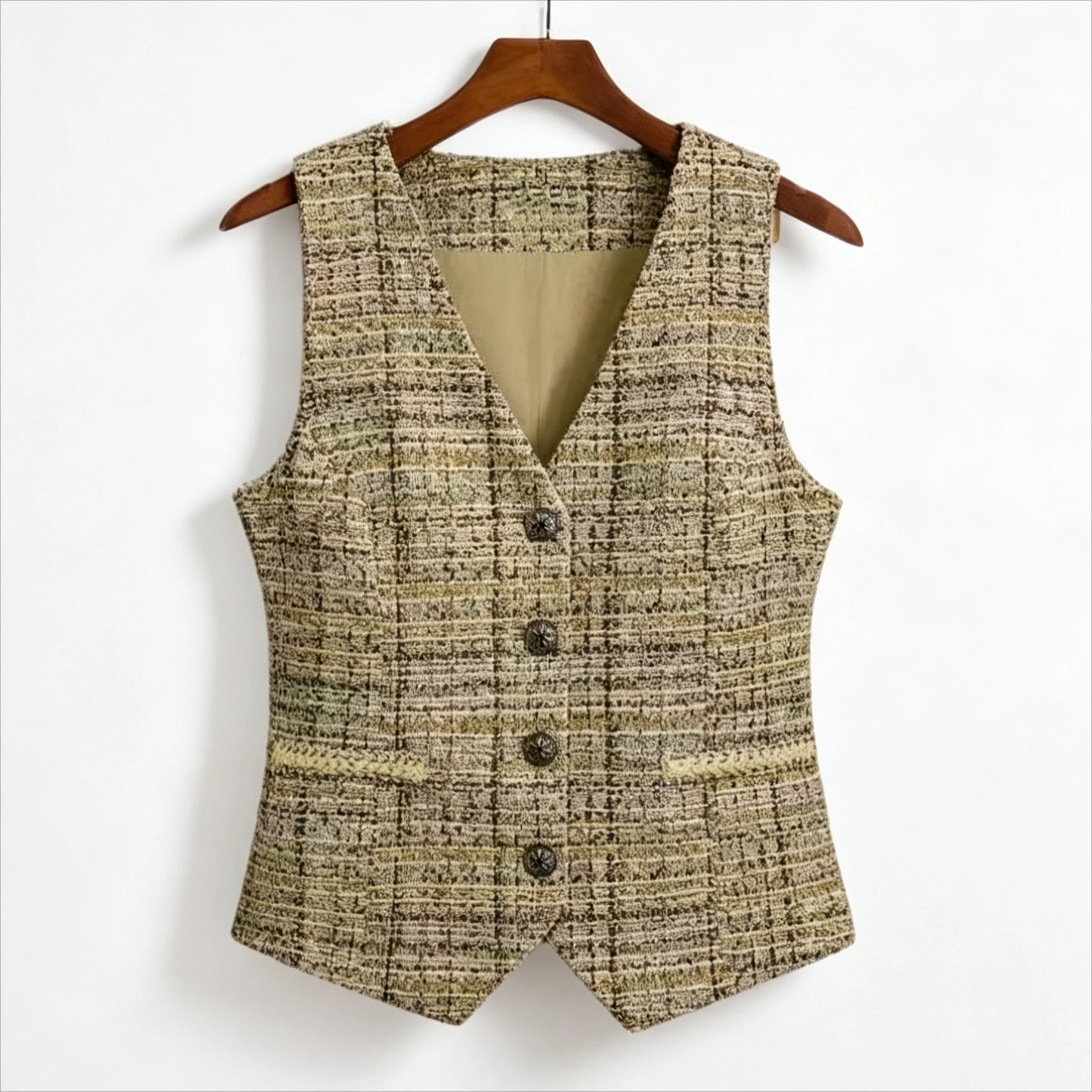 Old Money Cottagecore Tweed Vest V Neck Metal Buttons Double Pocket Slim Fitted Sleeveless Women Vintage Layering Waistcoat