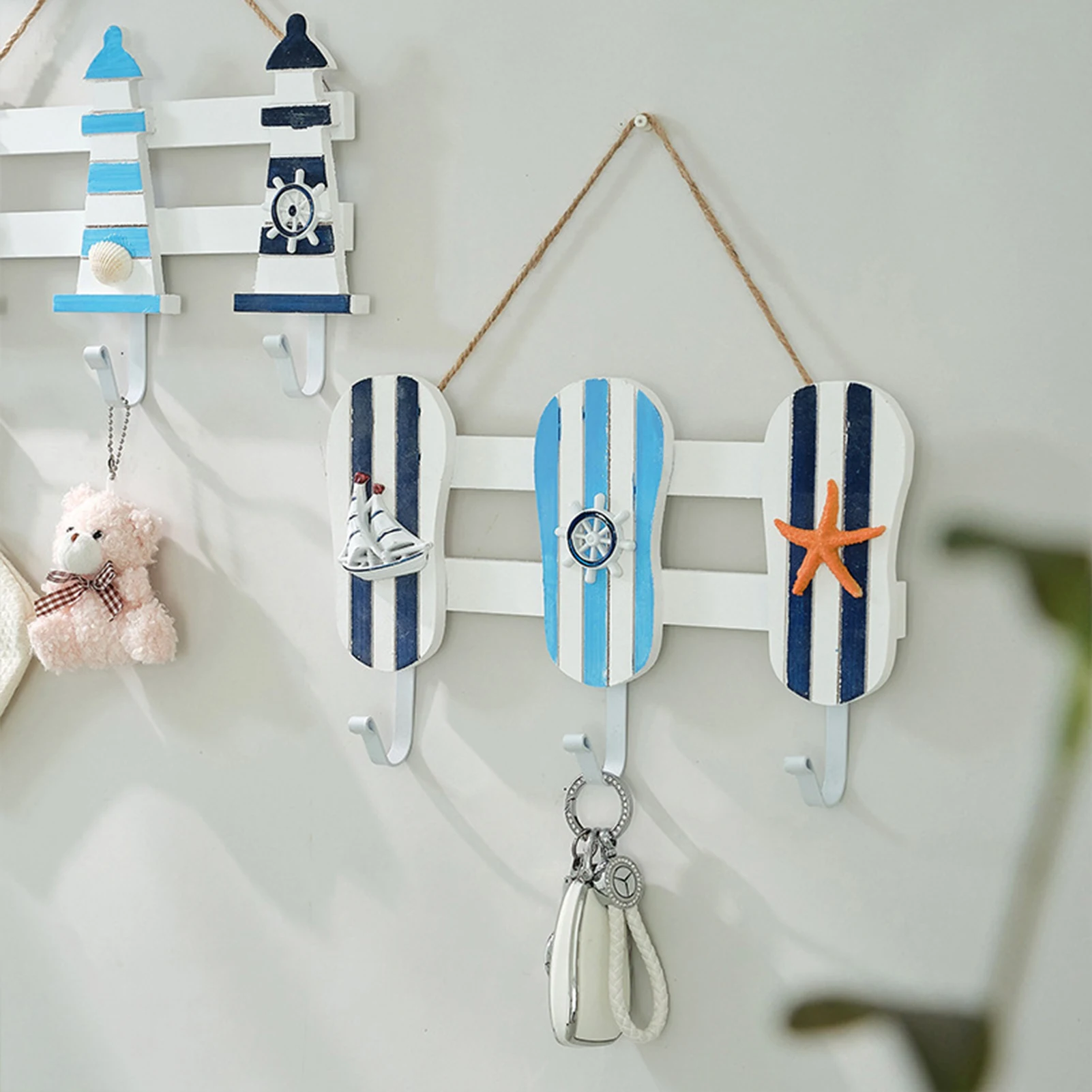 Mediterranean Lighthouse Slipper Shaped Wooden Coat Rack Wall Hook Decorative Key Holder Hooks for Kids Room Entryway Home Decor