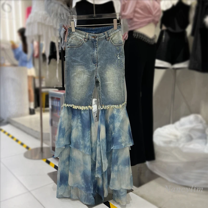 2024 Spring Summer New Popular Sweet Denim Stitching Blooming Layered Chiffon Flare Trousers Ins Fashion Denim Pants Women Jeans