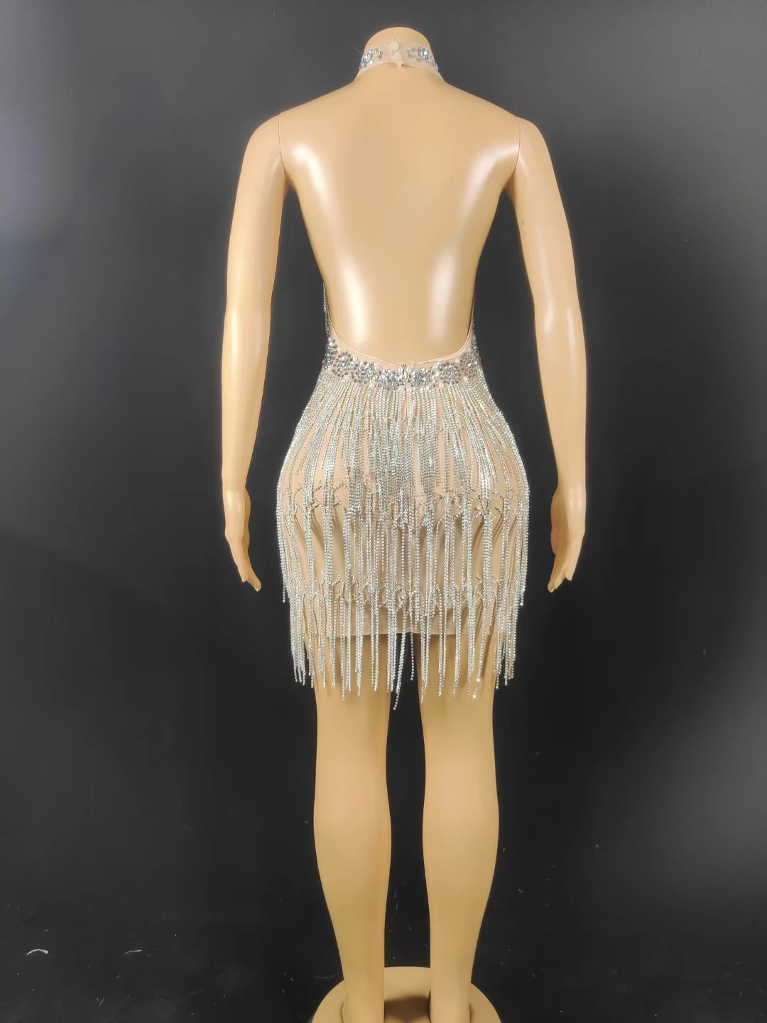 Sparkly Rhinestone  Tassel Backless Mini Dress Luxury Chains Birthday Party Celebrate Outfit Latin Dance Wear Ladies Prom Dress